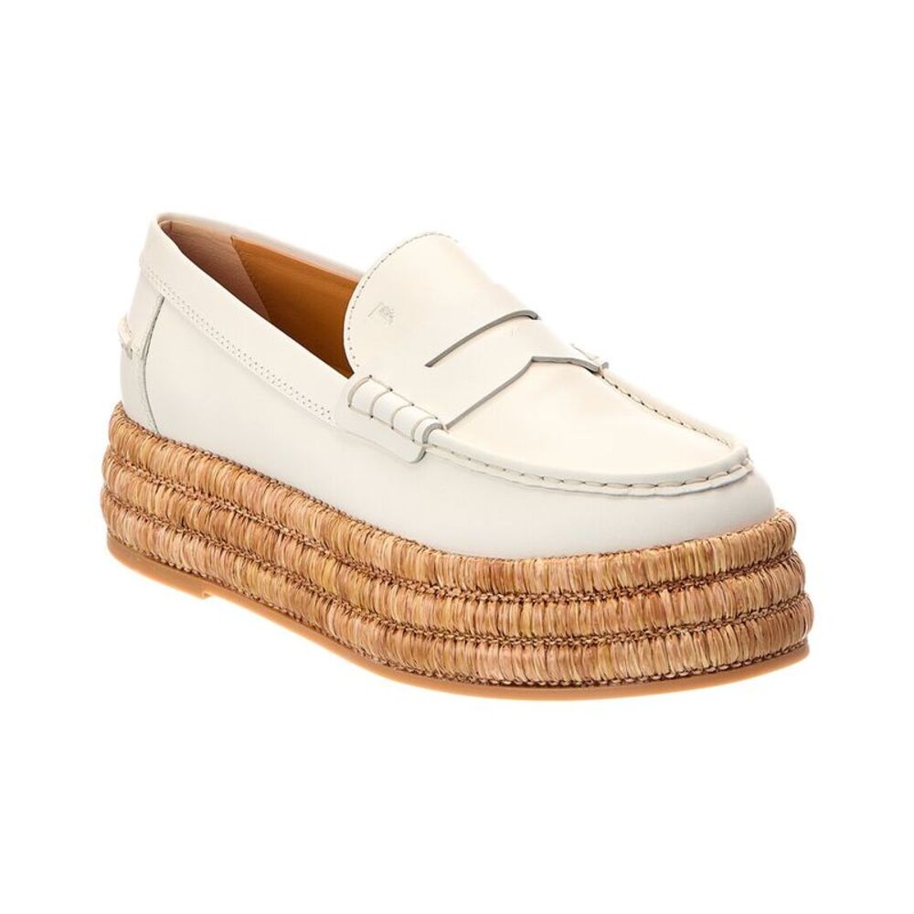 Tod's Leather & Raffia Espadrille, White